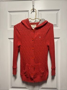 American Eagle Outfitters Red Hooded Cable-Knit Cardigan